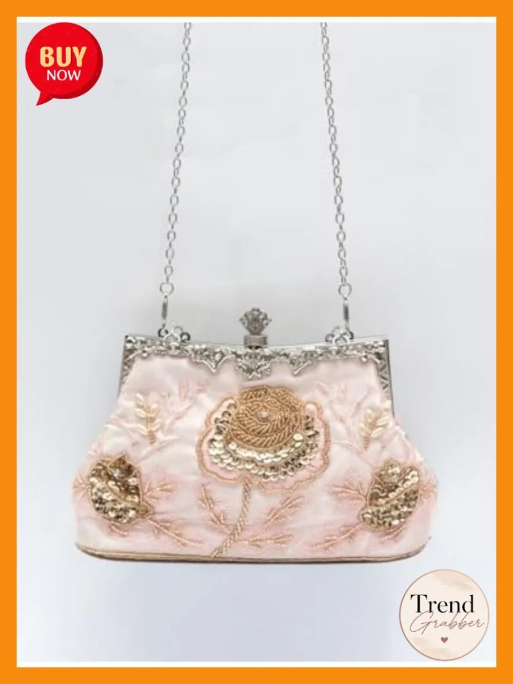 Handmade Rose Embroidered Beaded Evening Clutch Purse with Detachable Chain